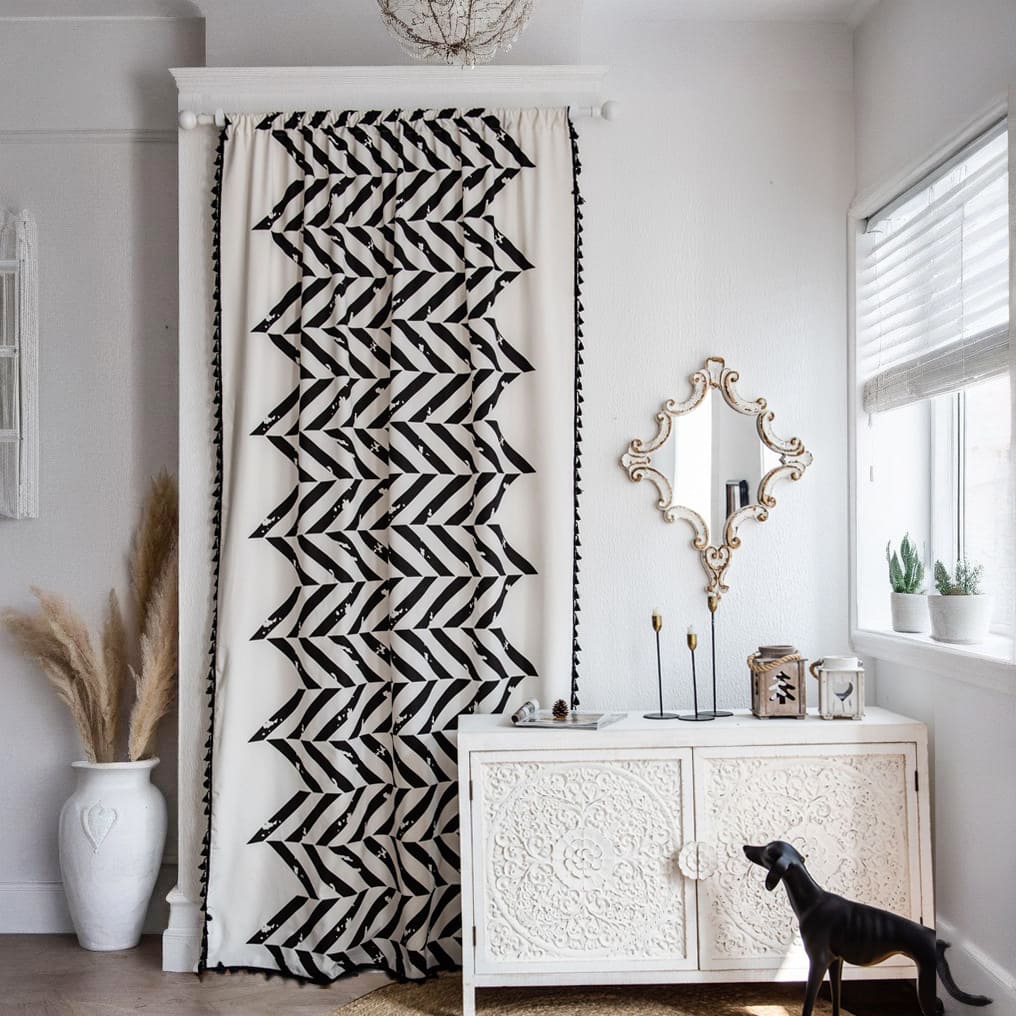 Bold Black White Geometric Zigzag  Curtain - Tasseled Artistic Window Drape for Accent Walls