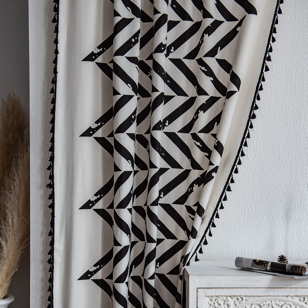 Bold Black White Geometric Zigzag  Curtain - Tasseled Artistic Window Drape for Accent Walls