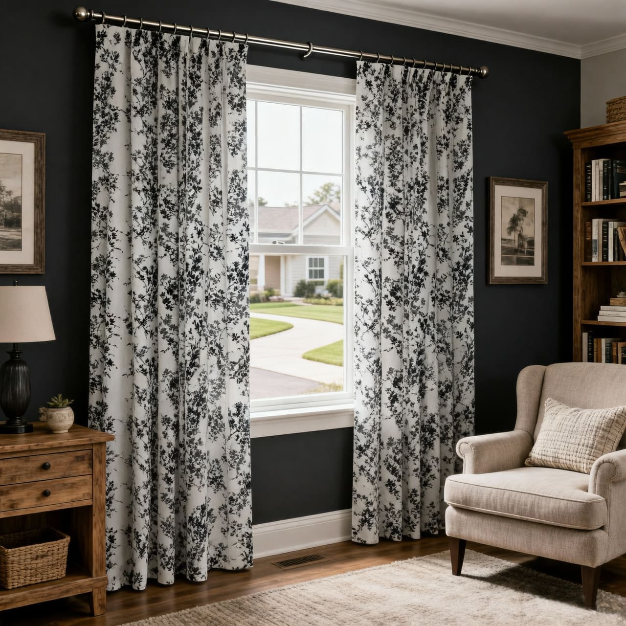 Modern Black Silhouette Floral Vine Chenille Jacquard Curtains Drapes