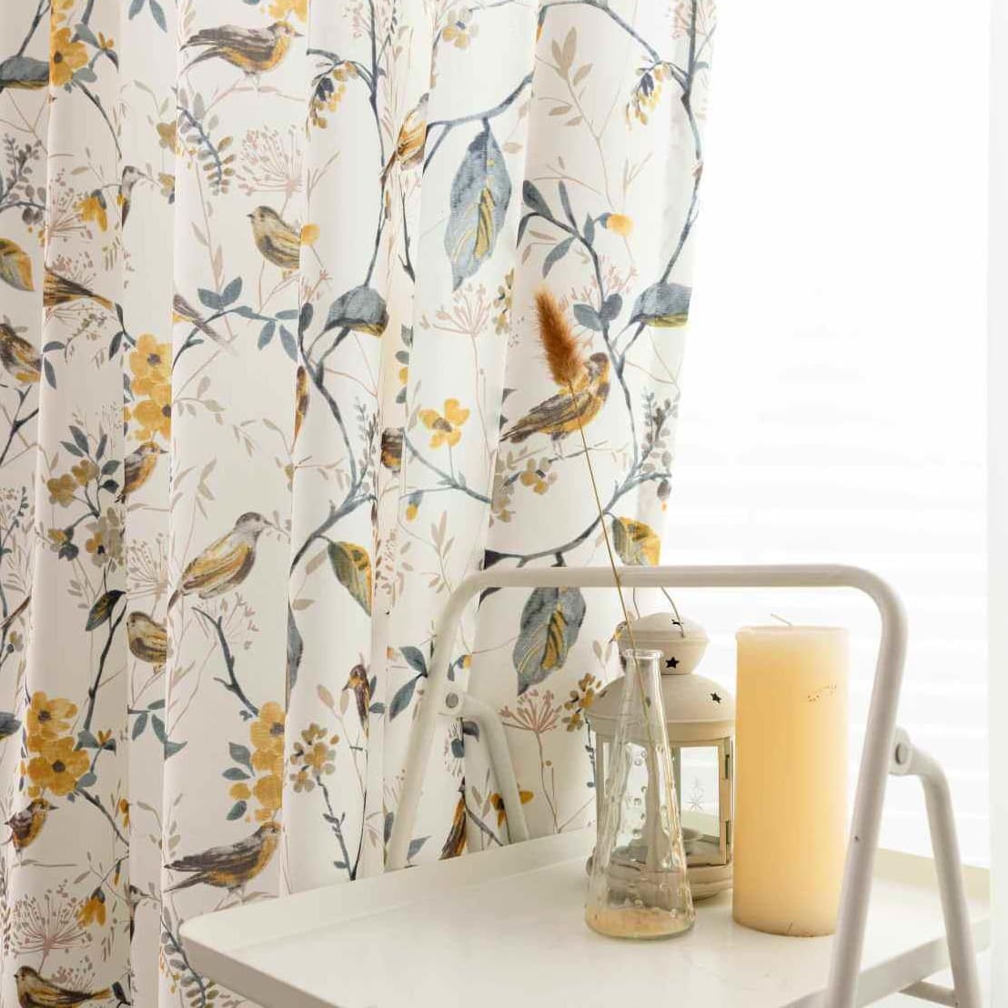 White Yellow Gray Birds Floral Curtains Living Room Blackout Drapes