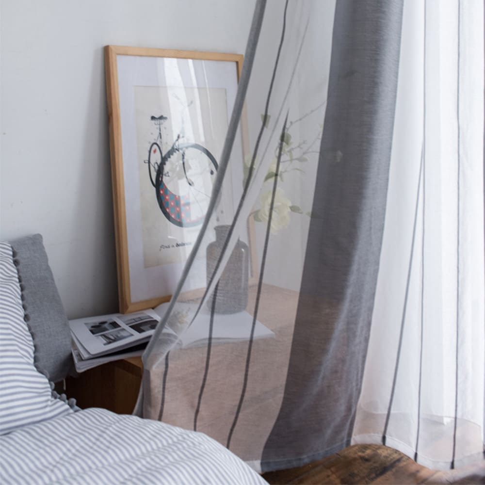 Grey Striped Sheer Curtains for Living Room 2 Panels