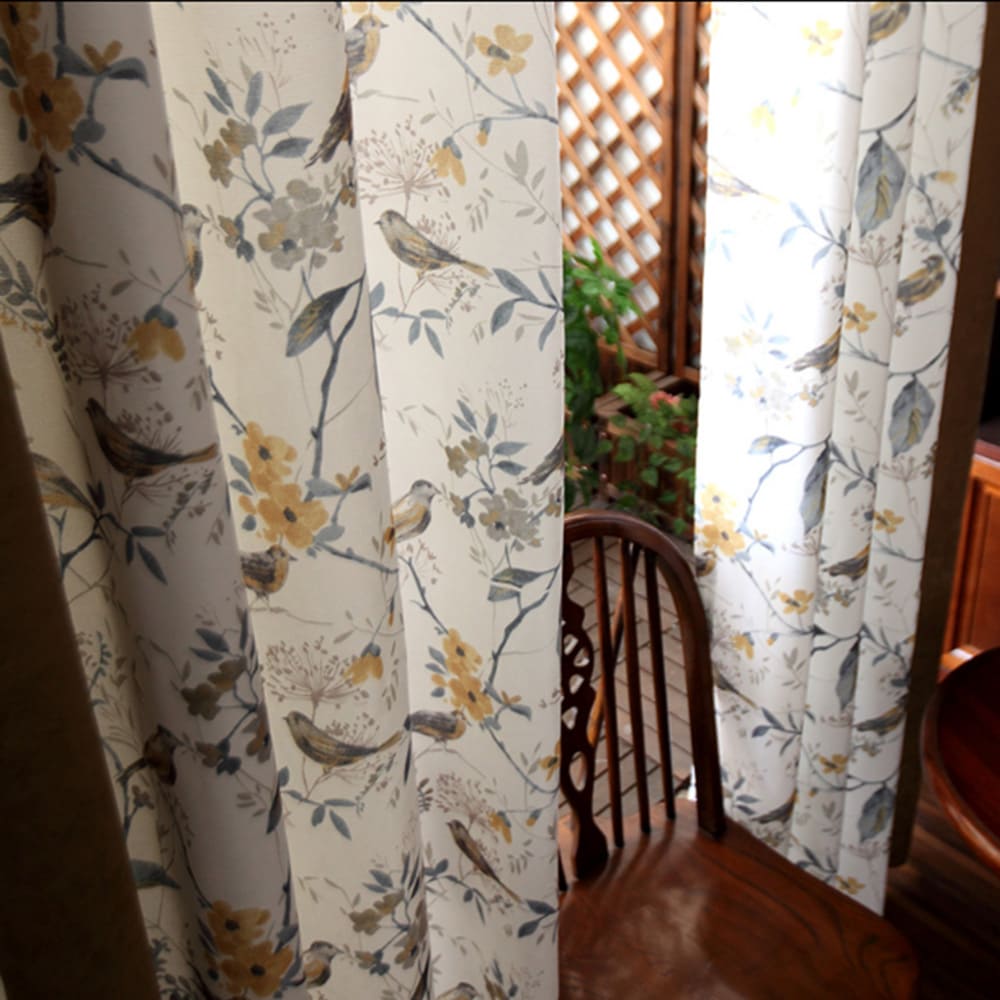 White Yellow Gray Birds Floral Curtains Living Room Blackout Drapes