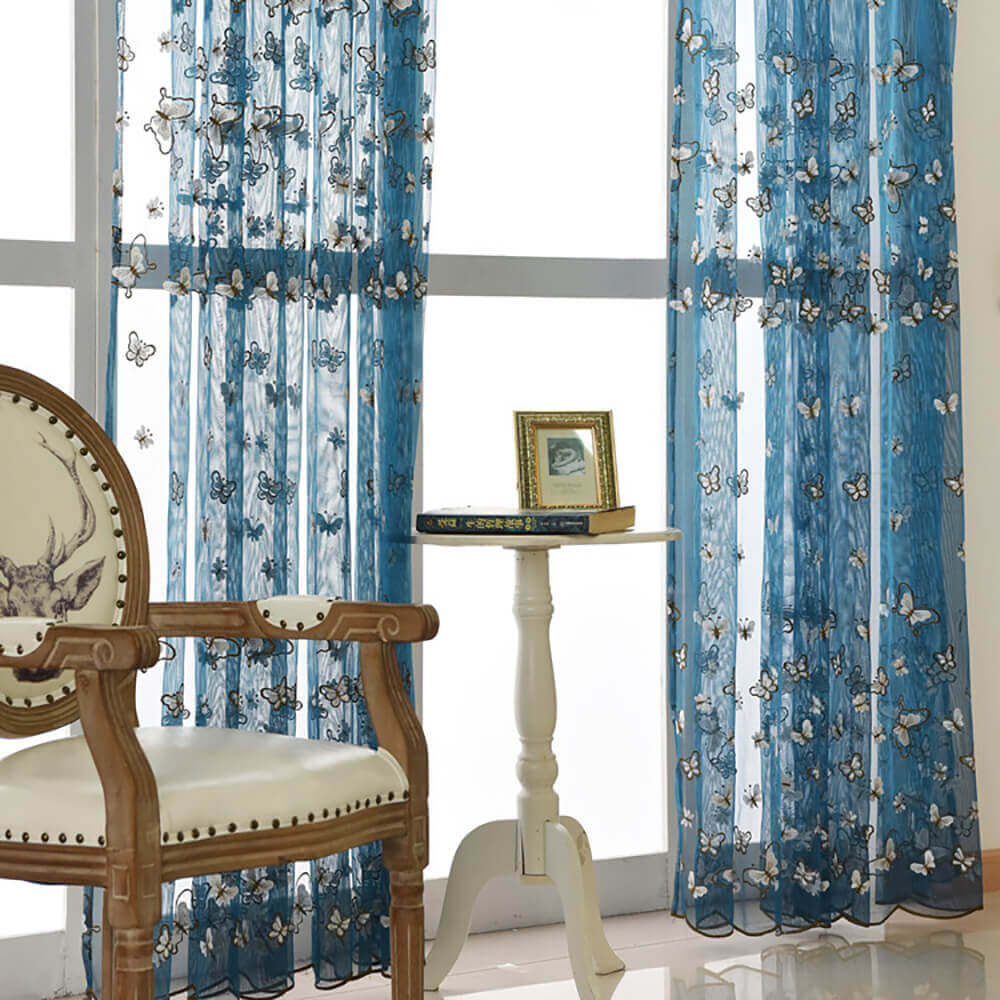 Blue butterfly pinch pleat sheer curtains for living room window sheers