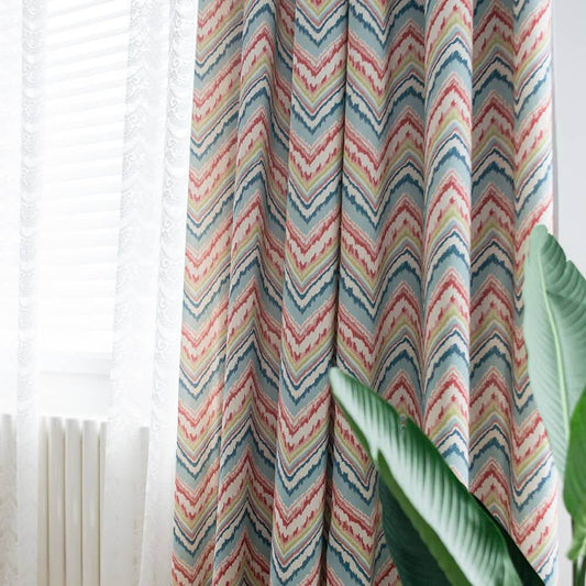 Blue red chevron curtains modern geometric pattern window treatment