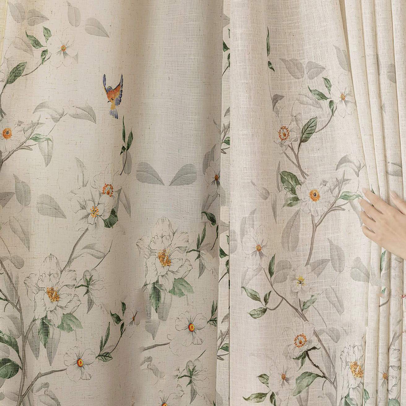 Cream Linen Blend Watercolor White Camellias & Colorful Bird Pinch Pleat Sheer Curtain