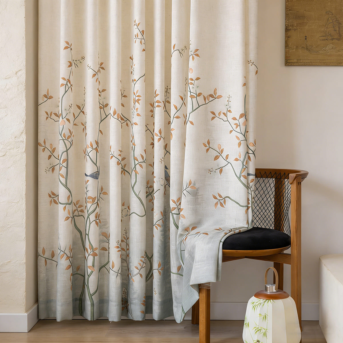 Warm Tone Linen Sheer Autumn Branch & Songbird Privacy Pinch Pleat She