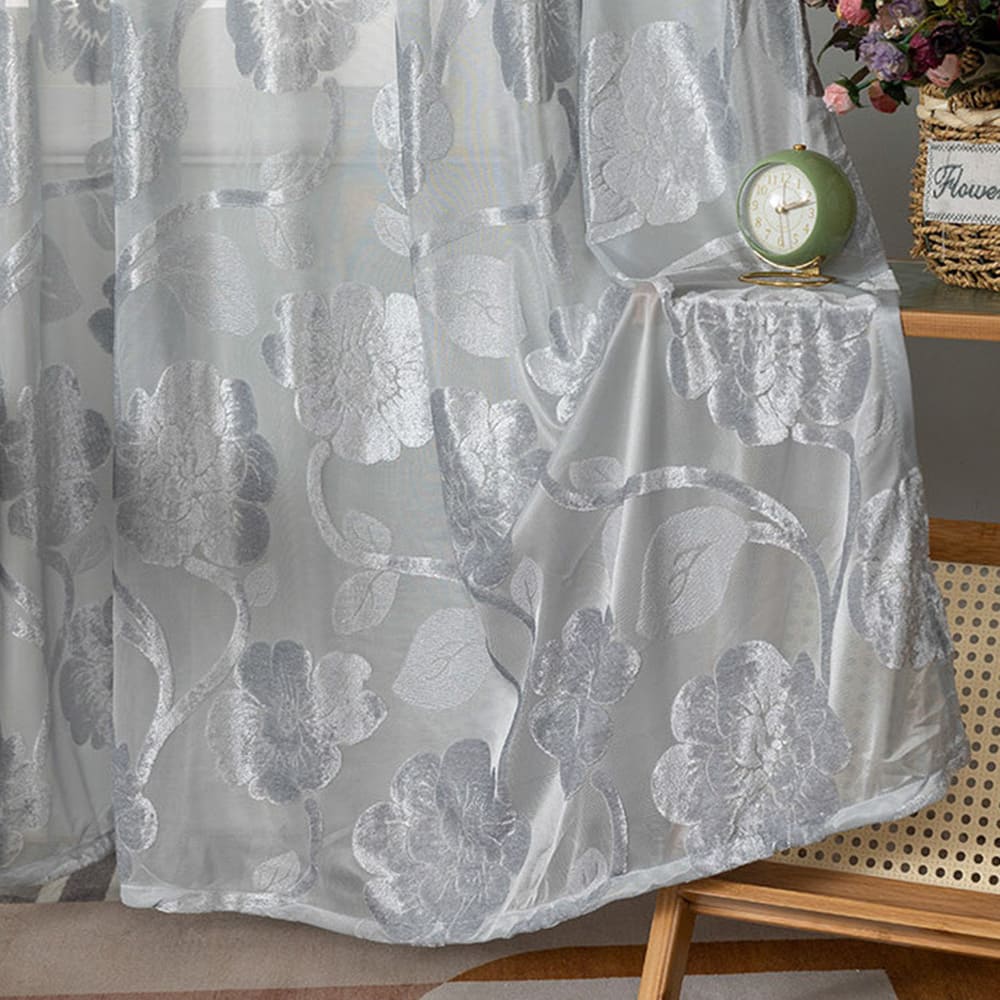 Gray Ciselé Velvet Jacquard Floral Sheer Curtains