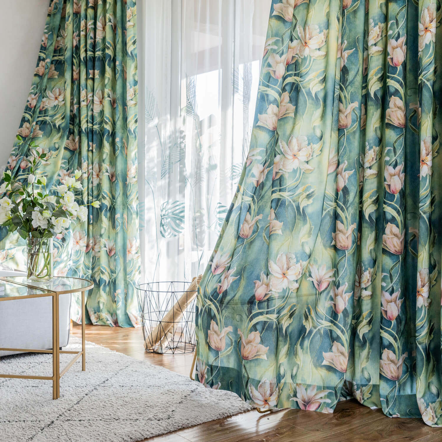 Beautiful Flowers in Green Rainforest Curtains Art Painting Drapes for  Living Room - 2P(42\, image size:1500x1500
