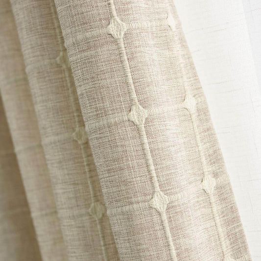 Khaki plaid embroidered linen blackout curtains for bedroom custom drapes