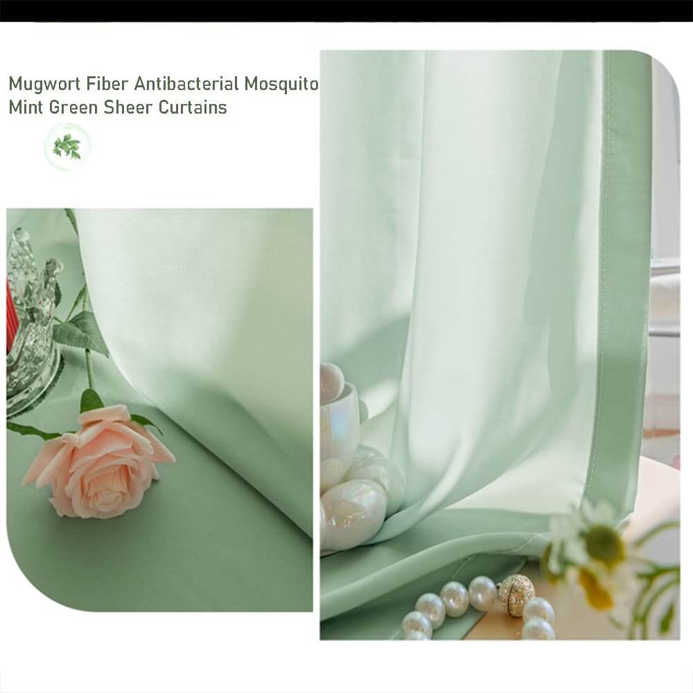 Light green sheer bedroom curtains that let light in but provide privacy