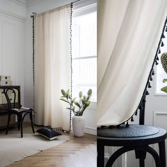 Off white linen cotton curtains with black tassels drapes for living room