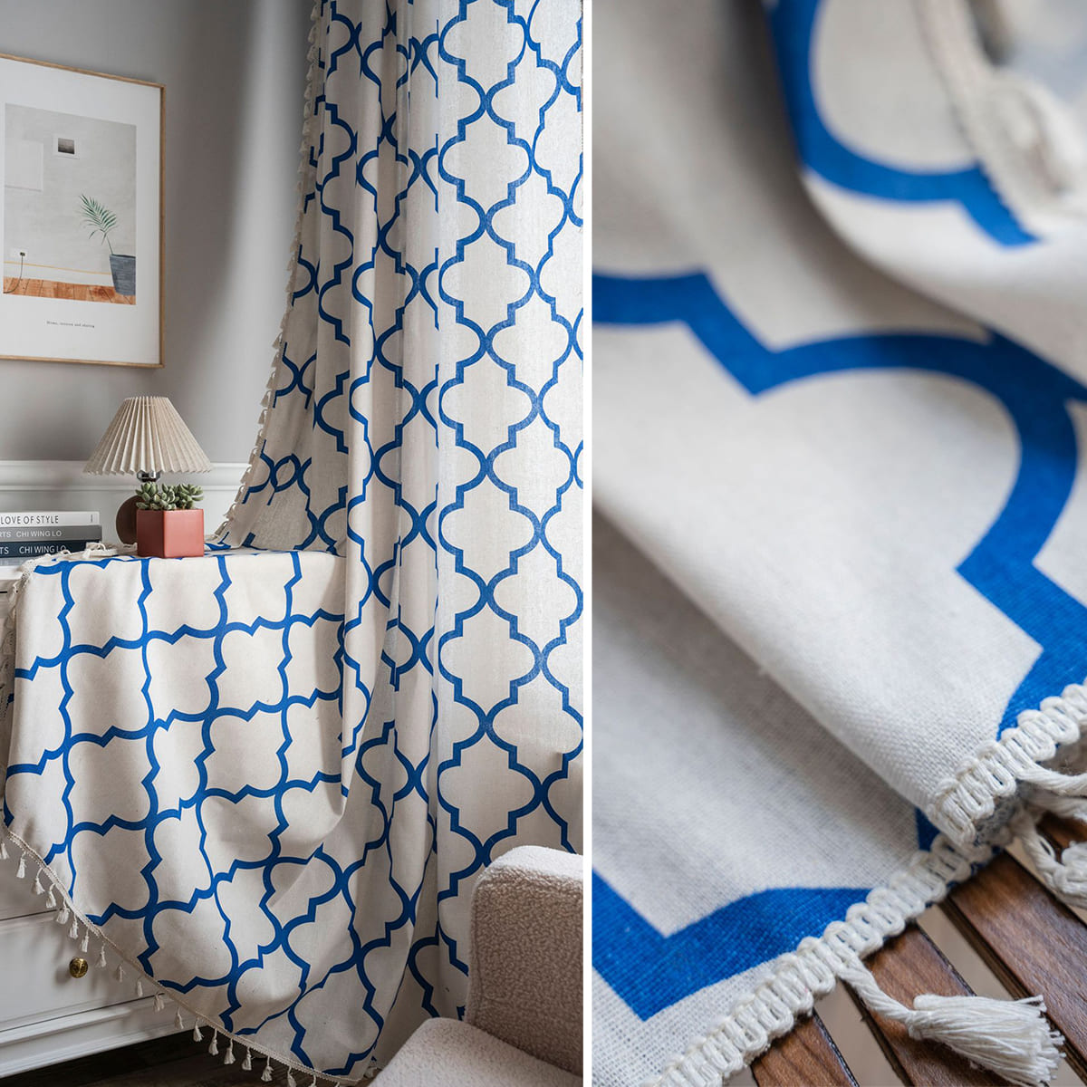 Bohemian Blue Geometric Quatrefoil Balloon Shade Curtains with Tassels