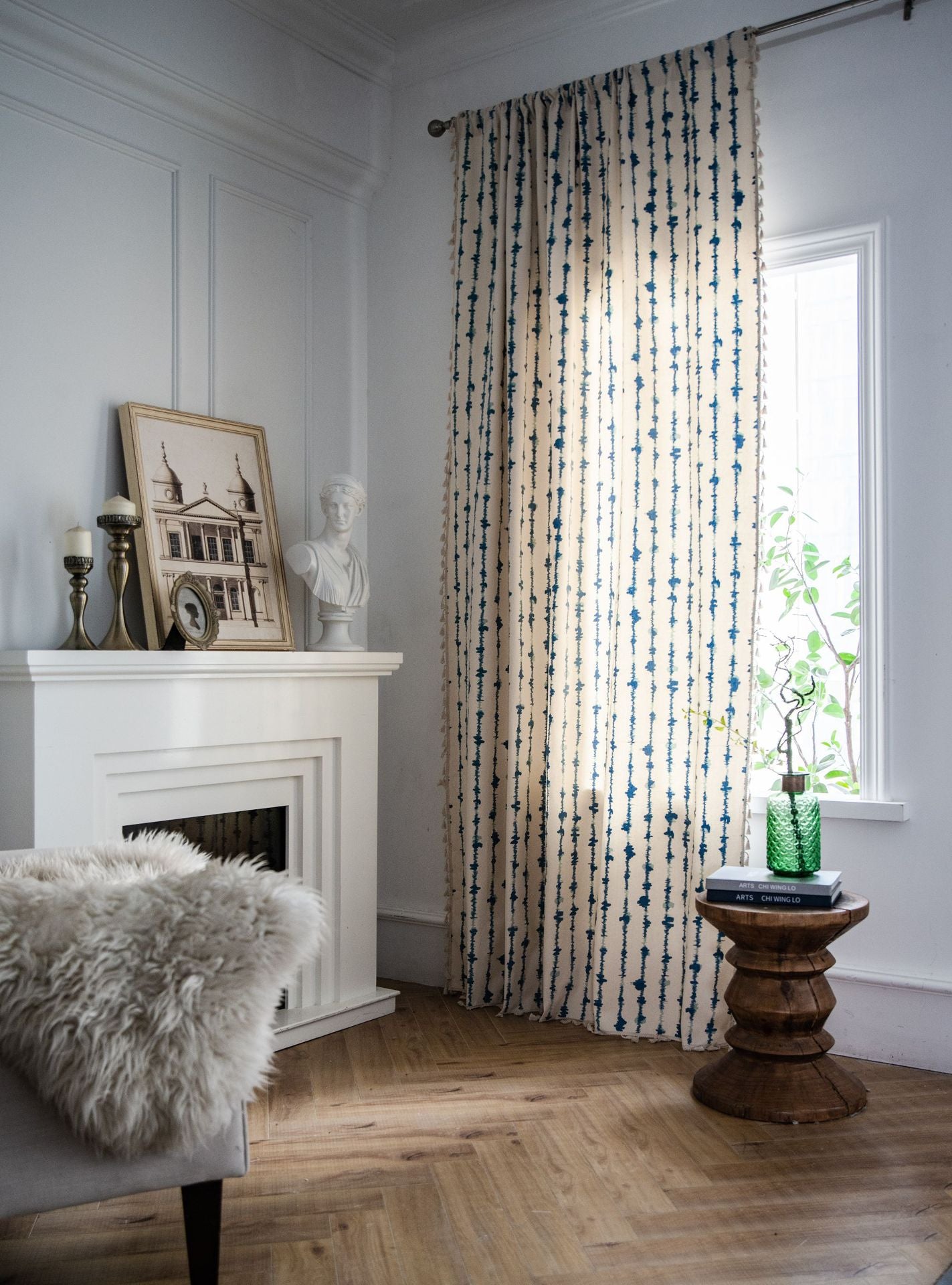 Stylish Blue Vertical Stripe Curtains White Drapes with Tassels