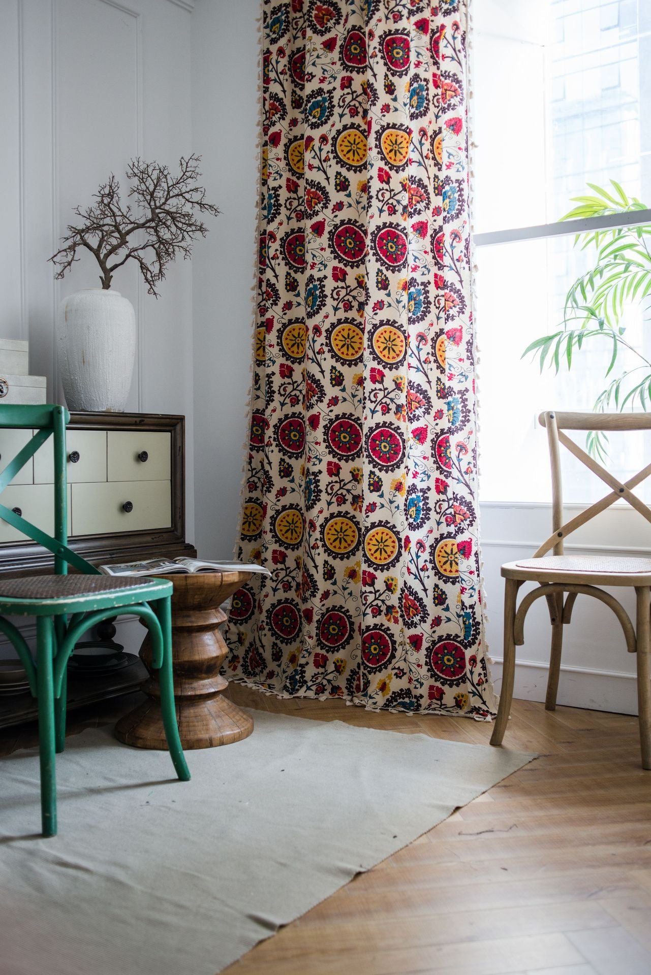 Bohemian Colorful Sunflowers Cotton Linen Curtains Ceiling Drapes With Tassels