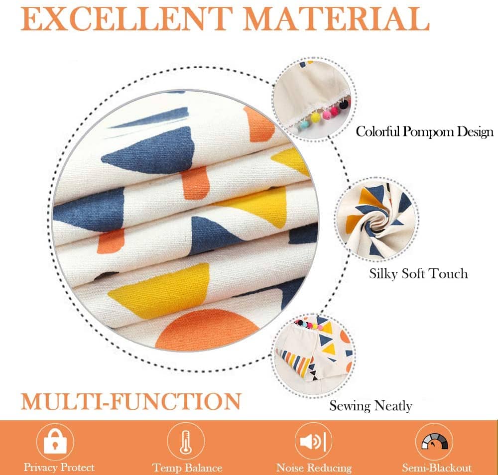 Bohemian Style Cotton Linen Balloon Shade Curtains with Pom Pom Trims Drapes