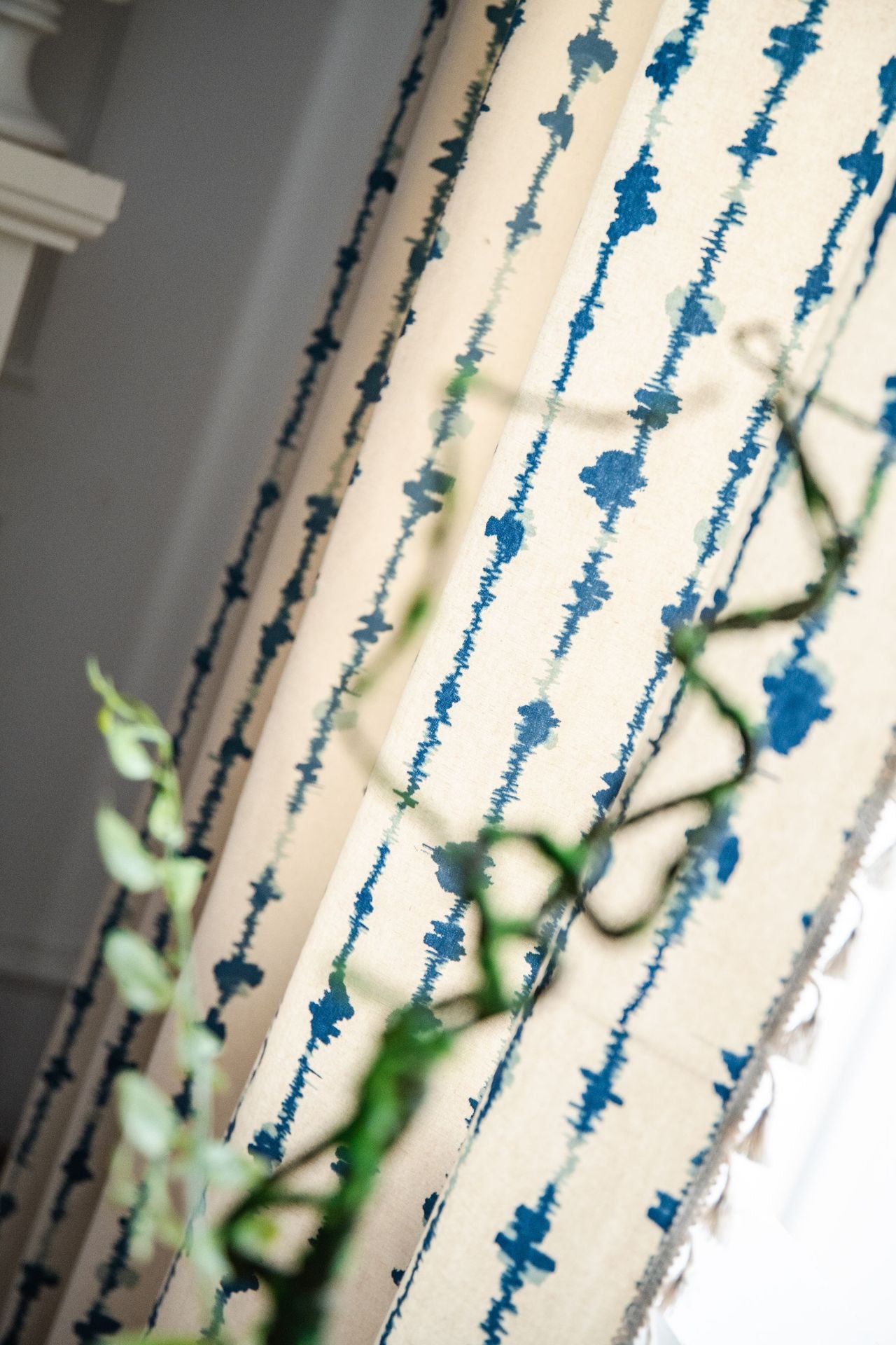 Stylish Blue Vertical Stripe Curtains White Drapes with Tassels
