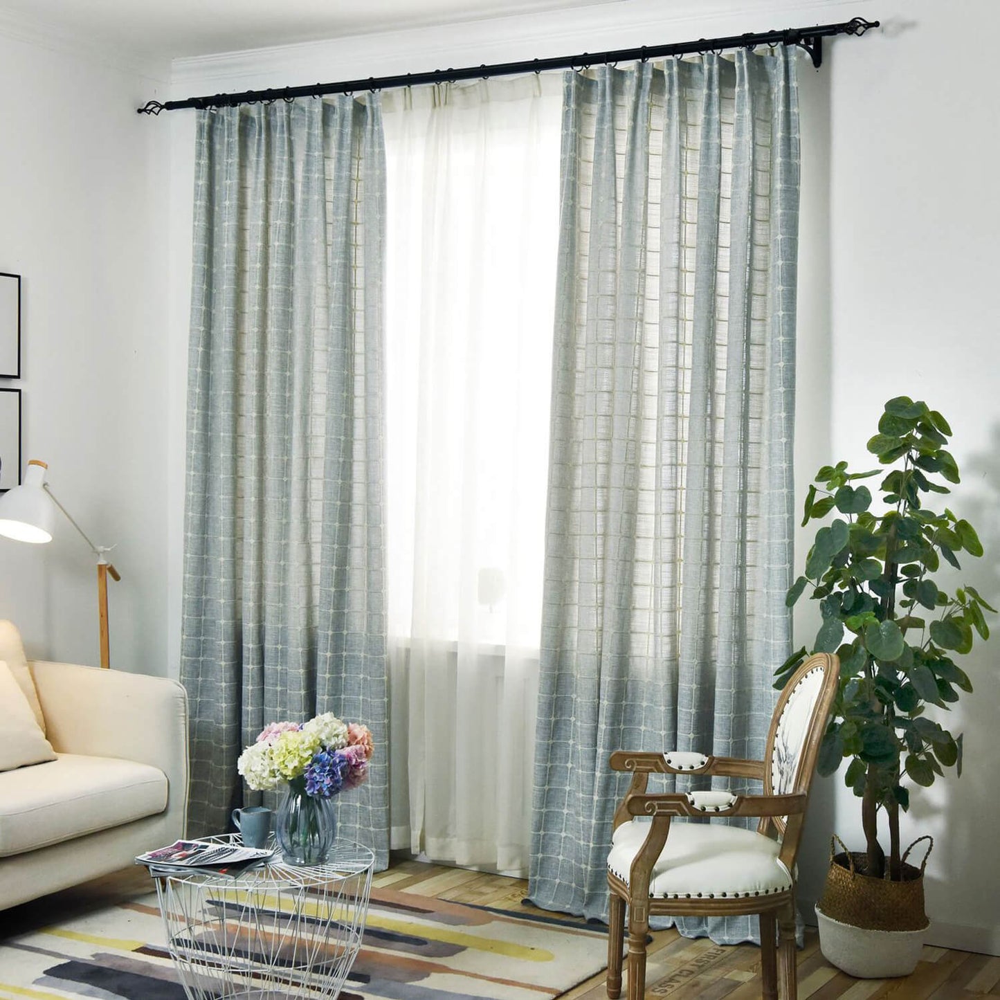 Plaid Embroidered Natural Linen Check Balloon Shade Curtains