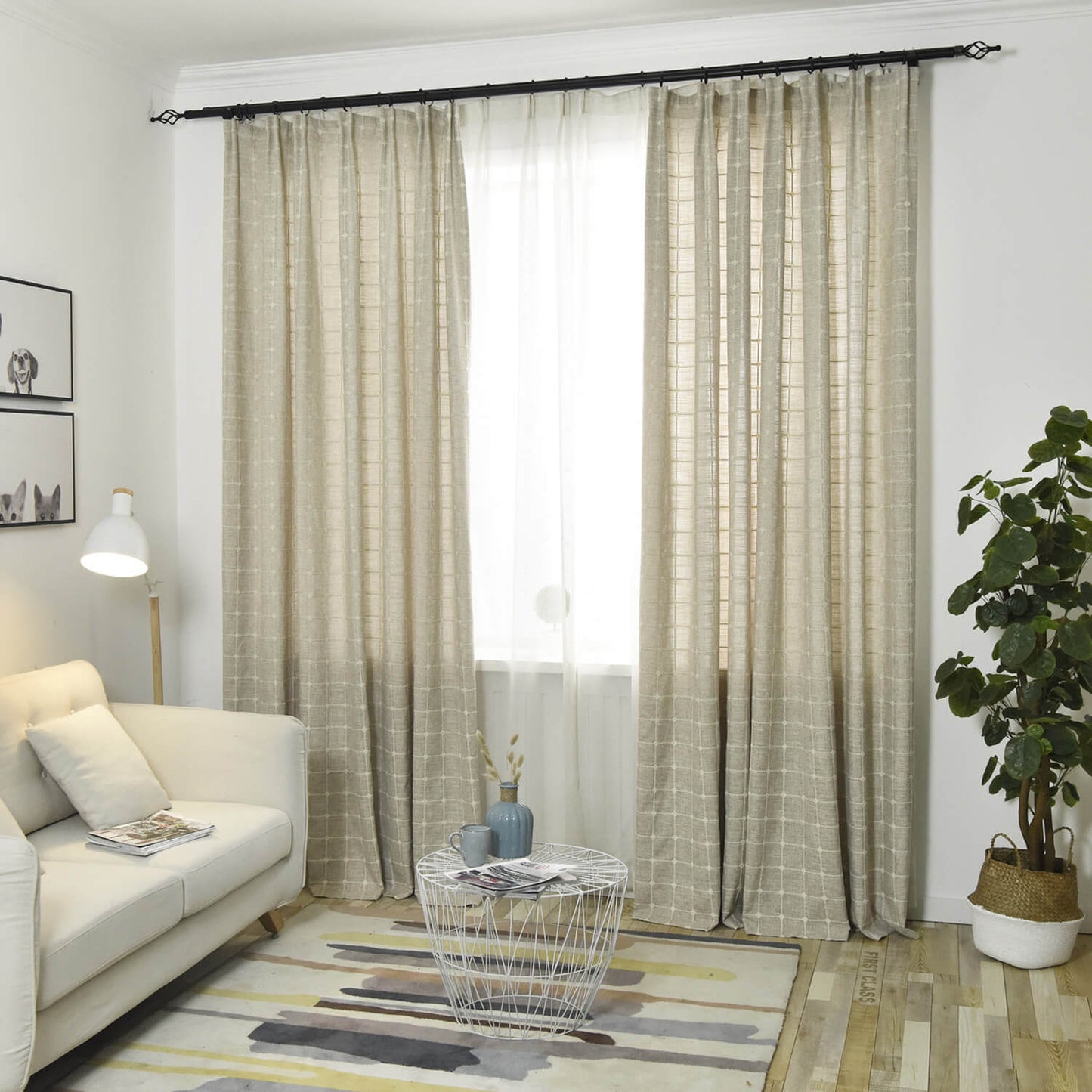 Plaid Embroidered Natural Linen Check Balloon Shade Curtains
