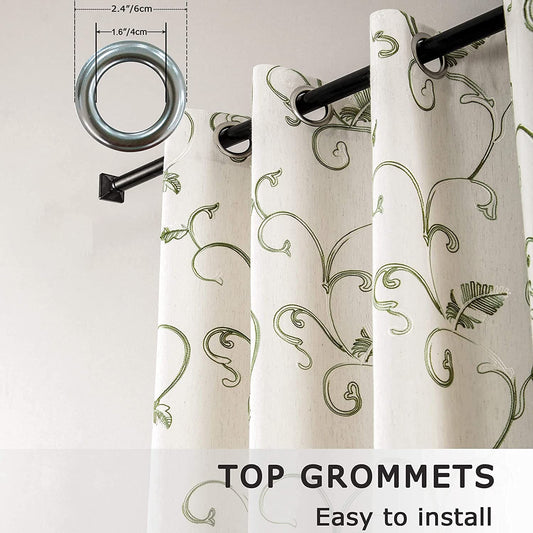 Embroidered Green Vine Curtains Linen Drapes for Livingroom