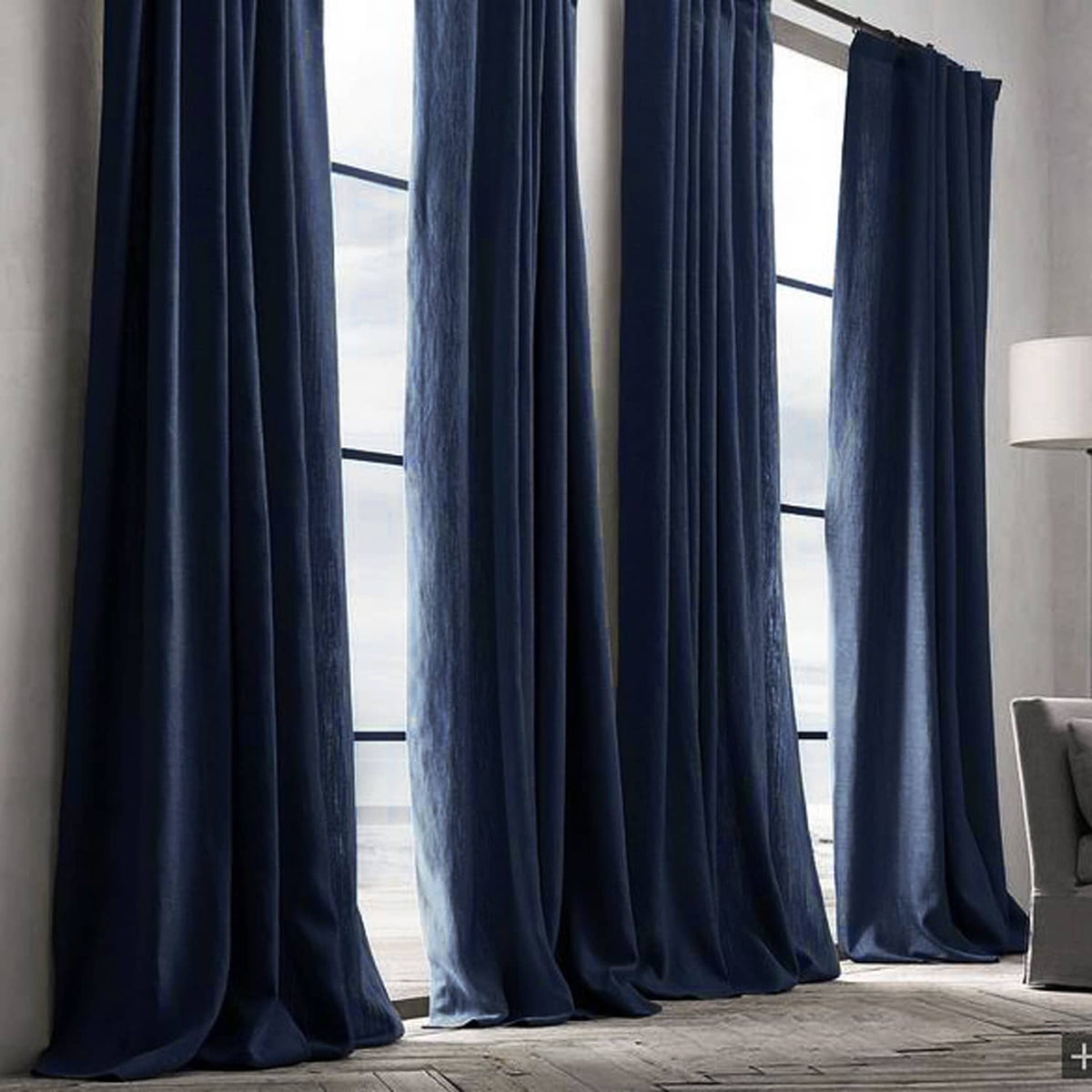 Navy Blue Natural Linen Curtains and Drapes 2 Panels for Living
