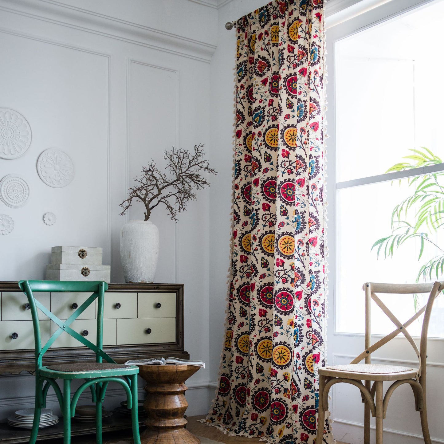 Bohemian Colorful Sunflowers Cotton Linen Curtains Ceiling Drapes With Tassels