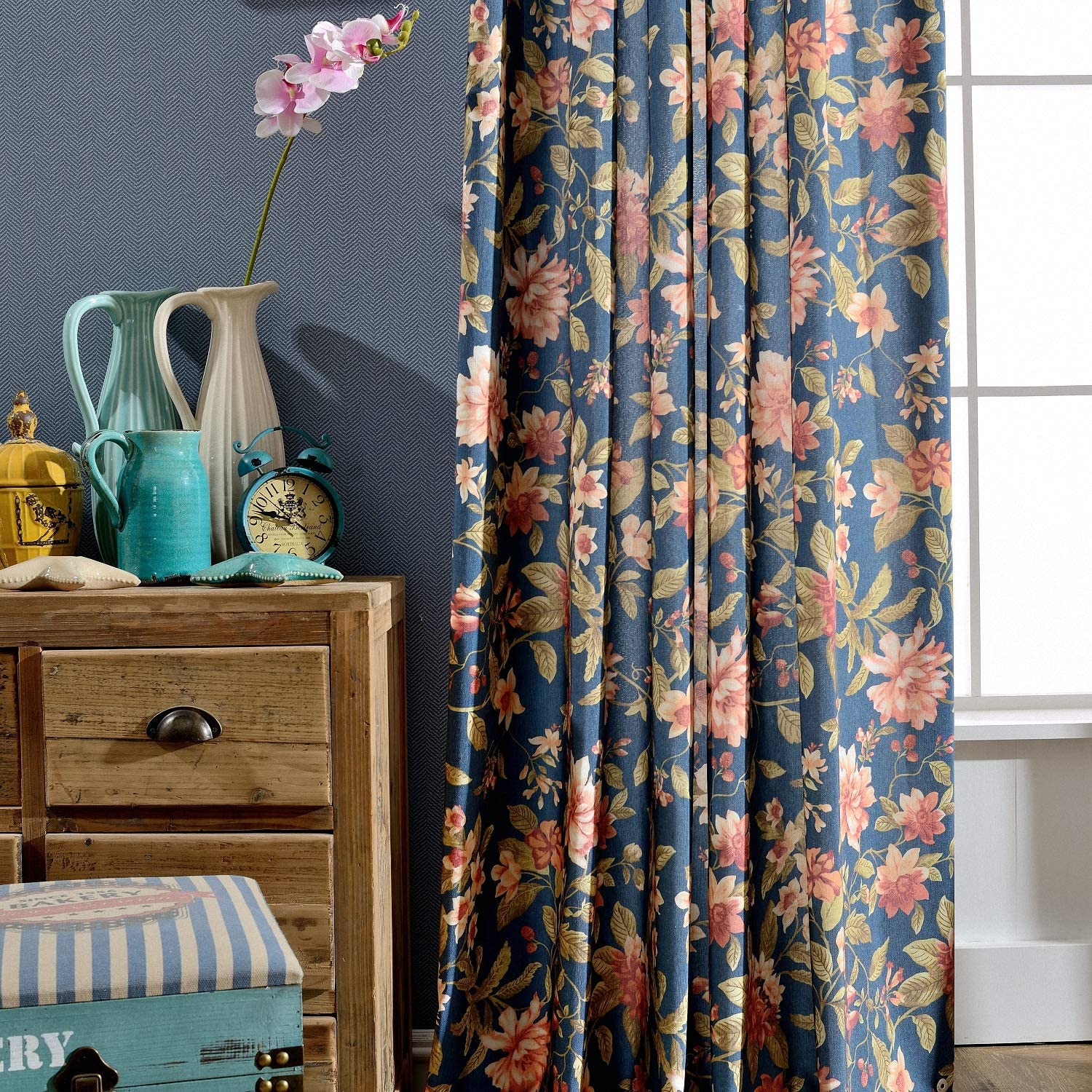 Navy Vintage Floral Curtains – Boho Thermal Insulated Blackout Drapes