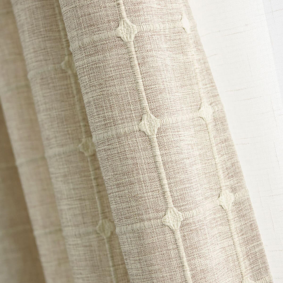 Plaid Embroidered Natural Linen Check Balloon Shade Curtains