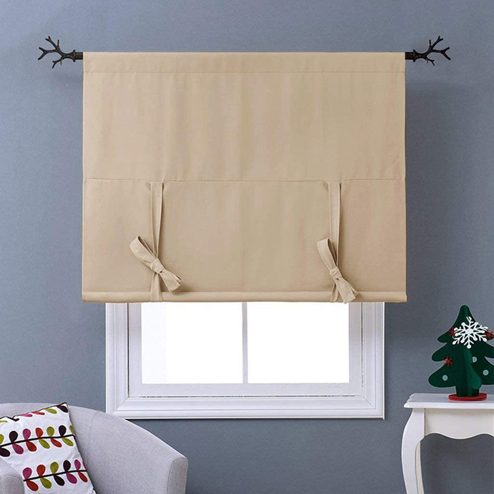 Solid Beige Tie Up Adjustable Balloon Roman Shade for Window Anady Top