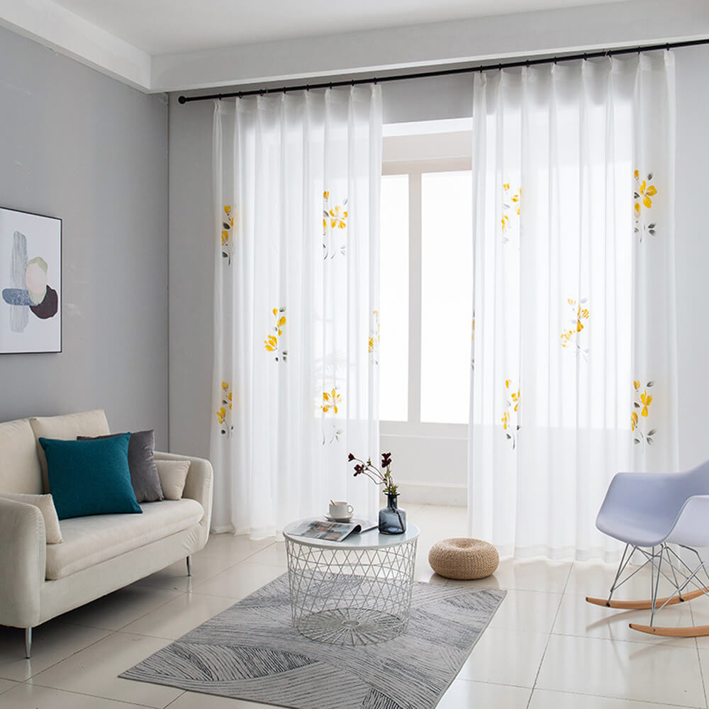 Yellow Flowers HandPainted Sheer Curtains Art Voile Anady Top