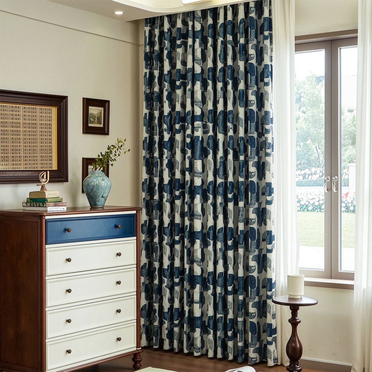 Soft Touch Indigo Blue Geometric Jacquard Curtains