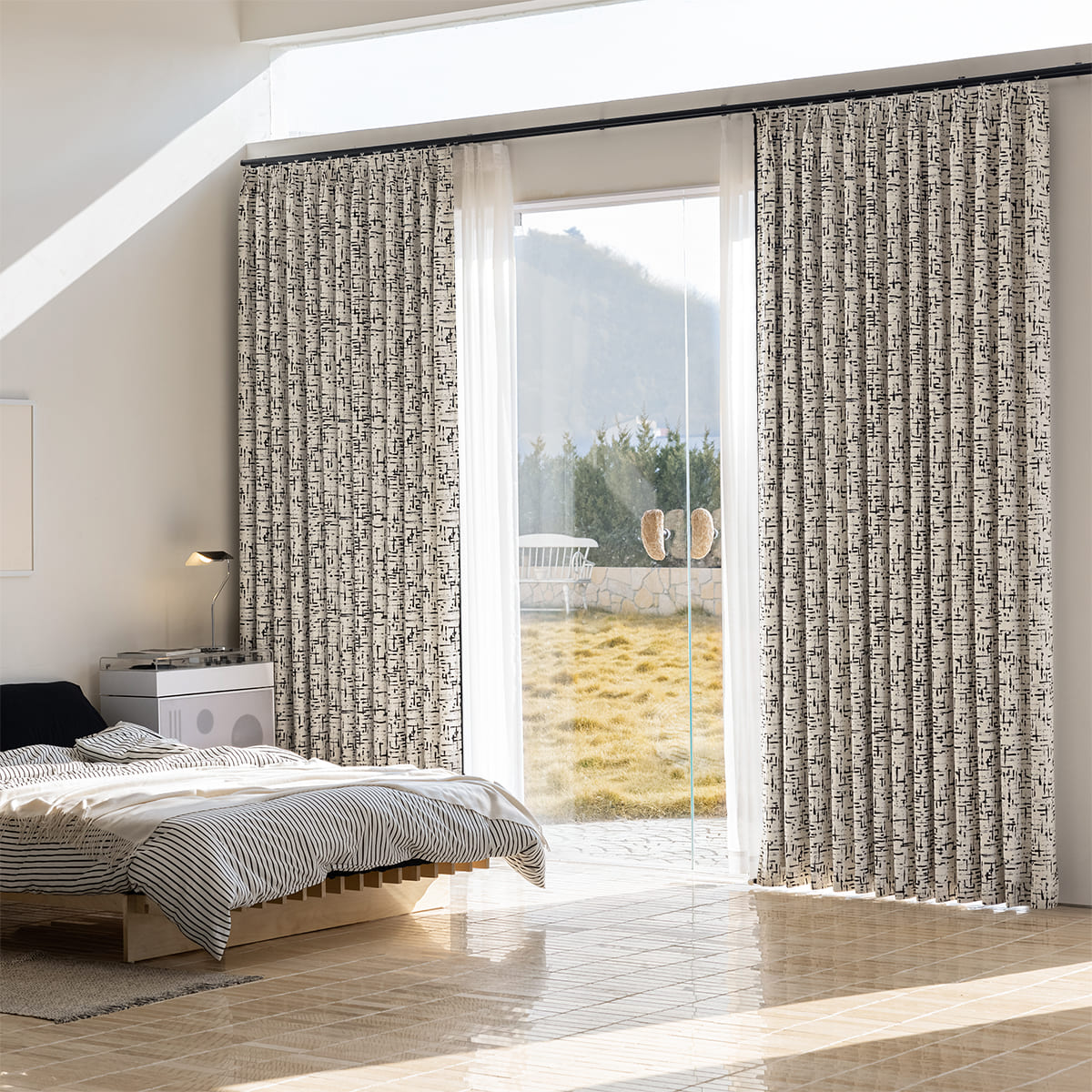 Modern Minimalist Ivory Black Chenille Jacquard Abstract Line Geometric Curtains