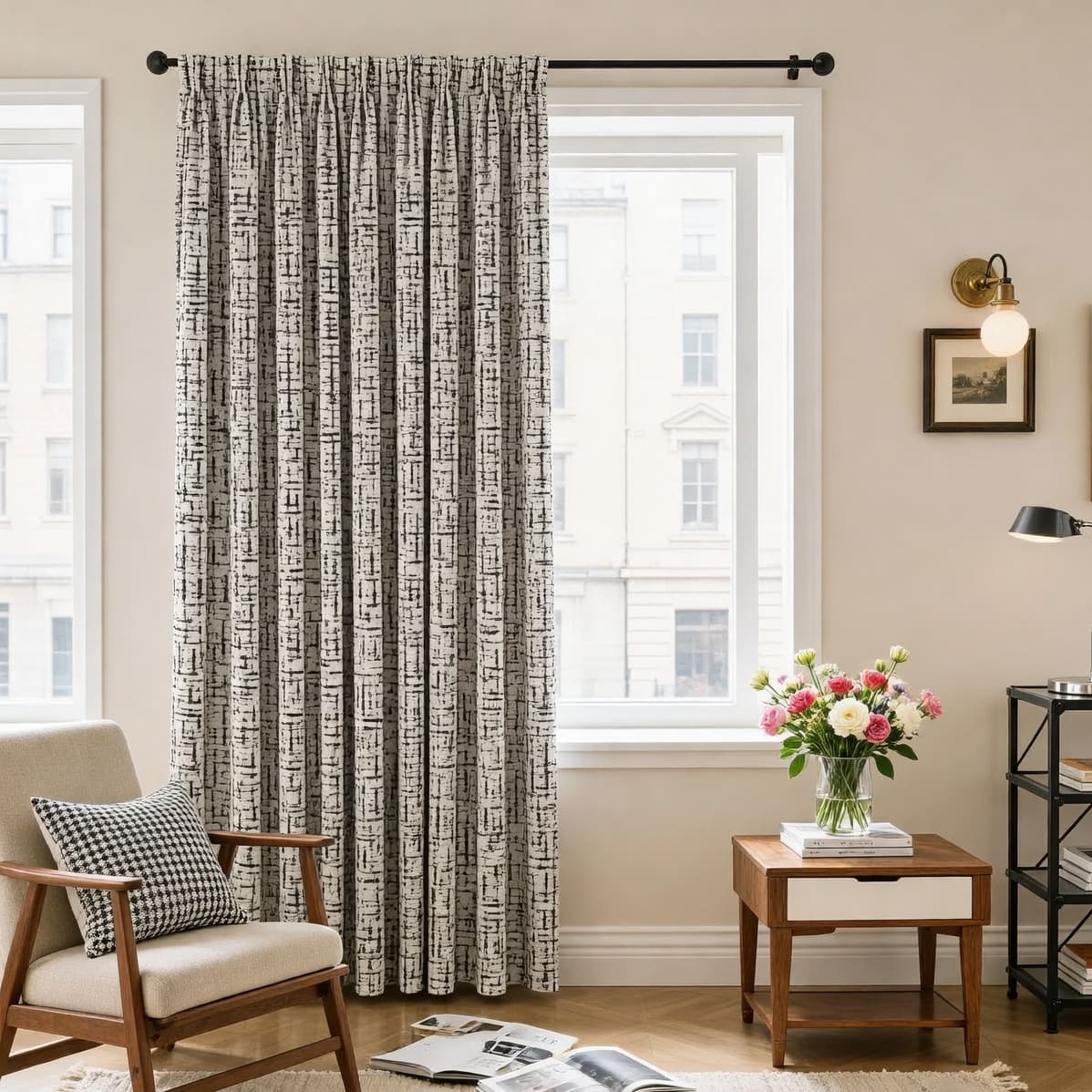 Modern Minimalist Ivory Black Chenille Jacquard Abstract Line Geometric Curtains