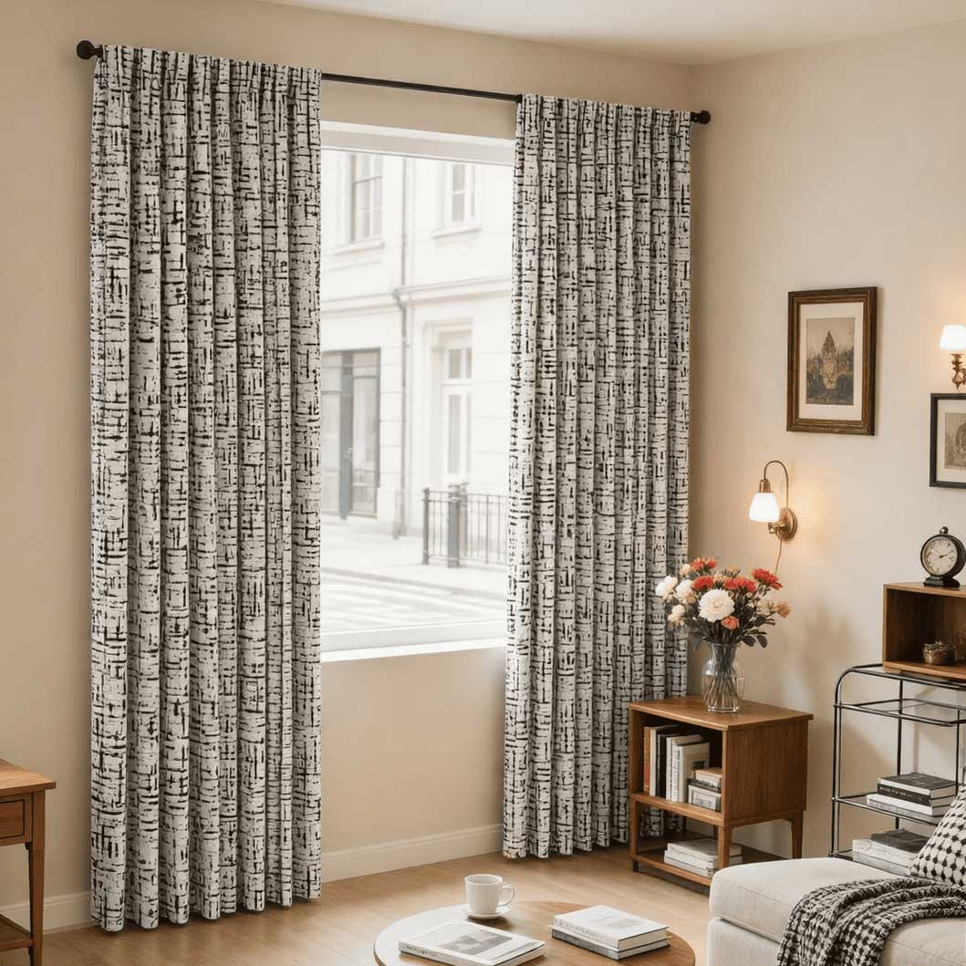 Modern Minimalist Ivory Black Chenille Jacquard Abstract Line Geometric Curtains