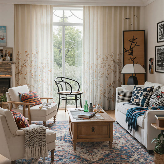 Warm Tone Linen Sheer Autumn Branch & Songbird Privacy Sheer Curtain