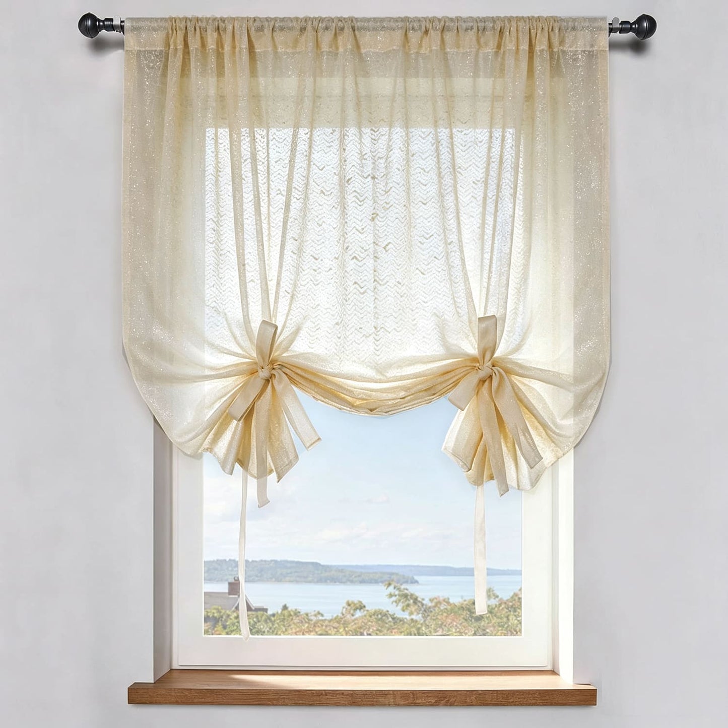 French Chanle Style Graceful Balloon Shade Sheer Curtains Mint Green/Light Brown/White