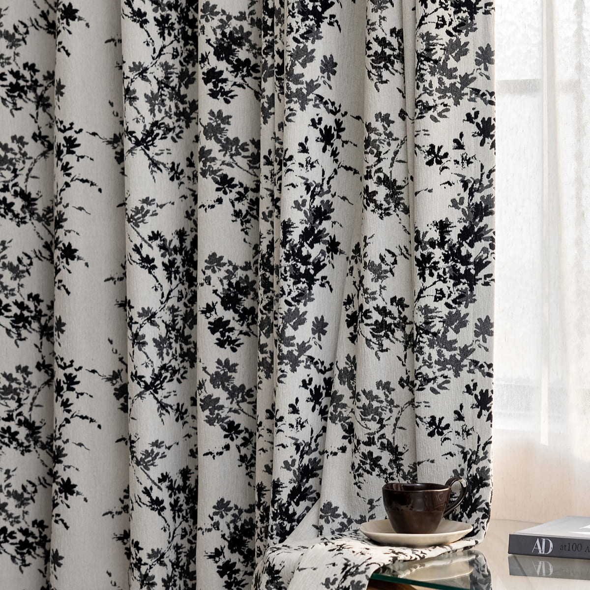 Modern Black Silhouette Floral Vine Chenille Jacquard Curtains Drapes