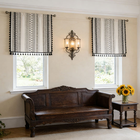 Geometric Bohemian Style Cotton Linen Cream Balloon Shade Curtains with Tassels