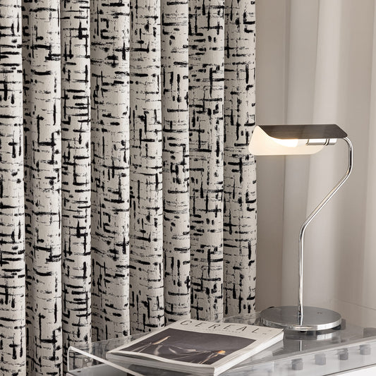 Modern Minimalist Ivory Black Chenille Jacquard Abstract Line Geometric Curtains