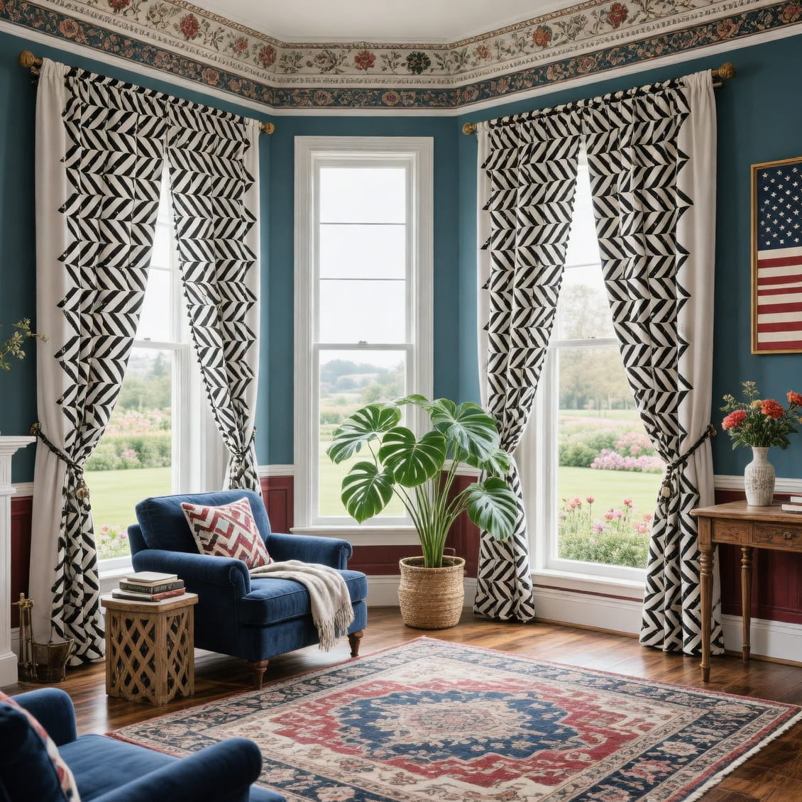Bold Black White Geometric Zigzag  Curtain - Tasseled Artistic Window Drape for Accent Walls