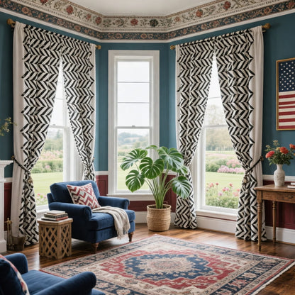 Bold Black White Geometric Zigzag  Curtain - Tasseled Artistic Window Drape for Accent Walls