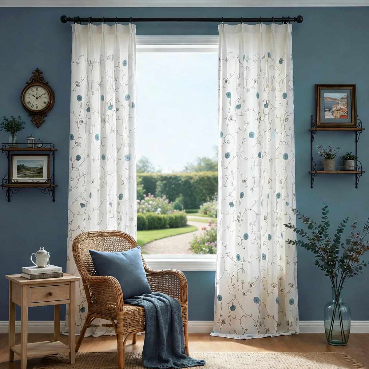 A Ballad of Blue Blooms Embroidered Vine White Curtains