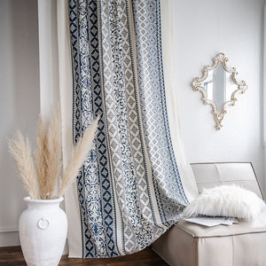 Geometric Navy Blue Printed Cotton Linen Curtains Window Drapes