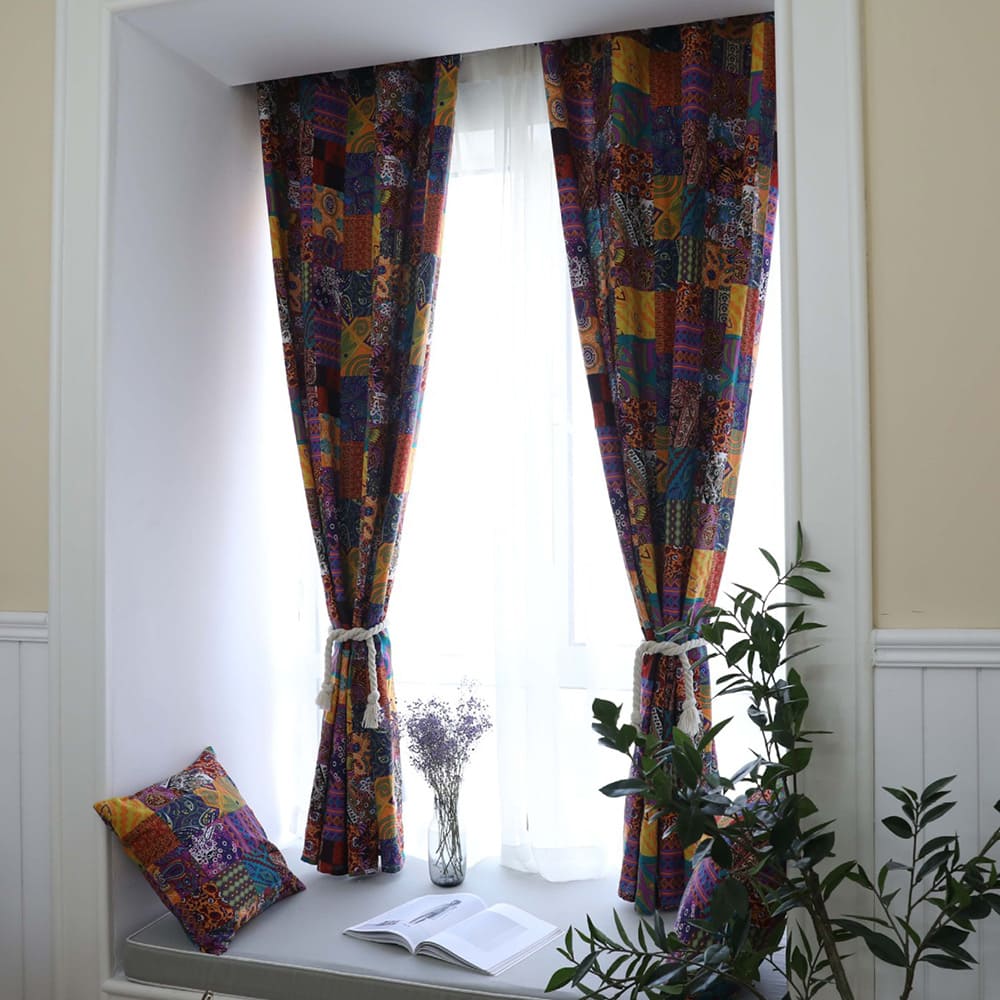 Bohemian Ethnic Style Cotton Linen Curtains Retro Room Window Drapes With Tassels