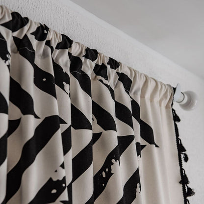 Bold Black White Geometric Zigzag  Curtain - Tasseled Artistic Window Drape for Accent Walls