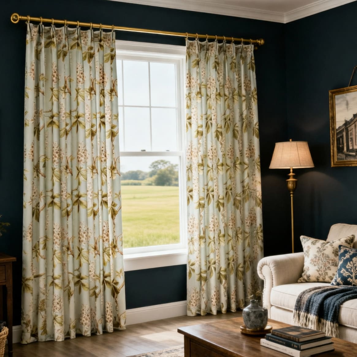 Misty Green Cottage Chestnut Floral Curtains