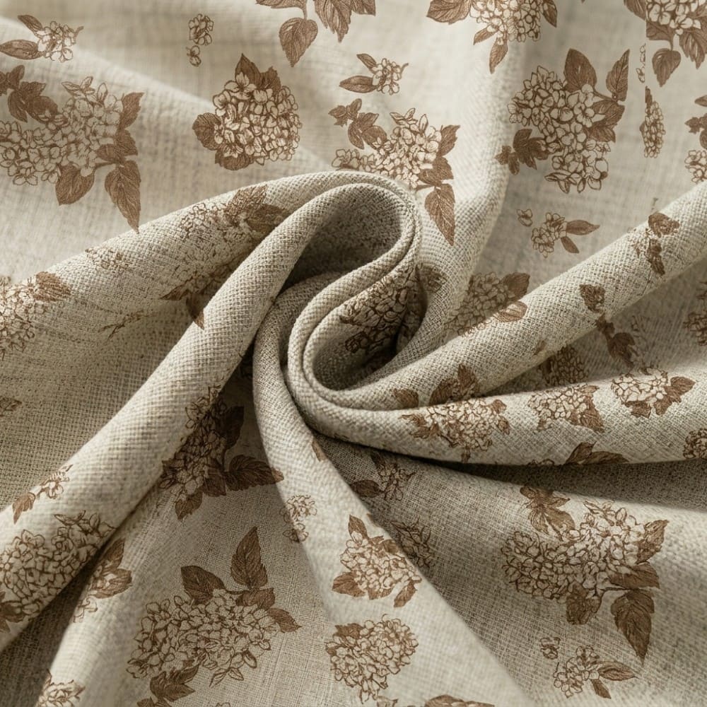 Vintage Brown Natural Linen Hydrangea Print Curtains