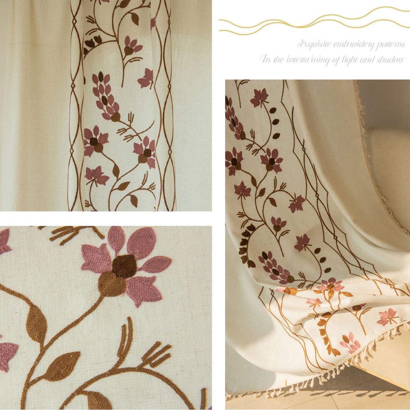 Rustic Vintage Embroidered Floral Linen Curtain with Tassels Custom Length