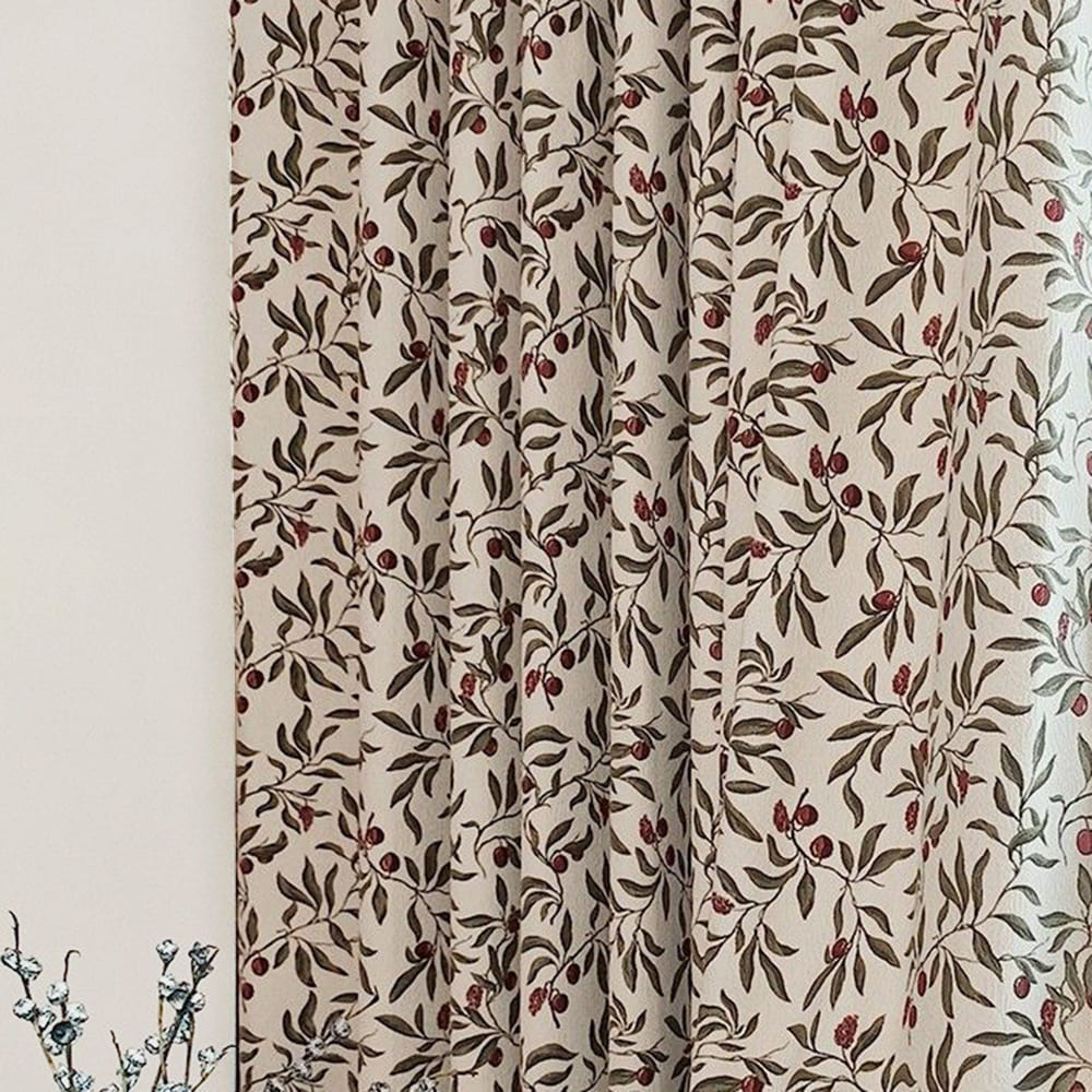 Olive Green Leaf & Red Berry Cream Base Curtains