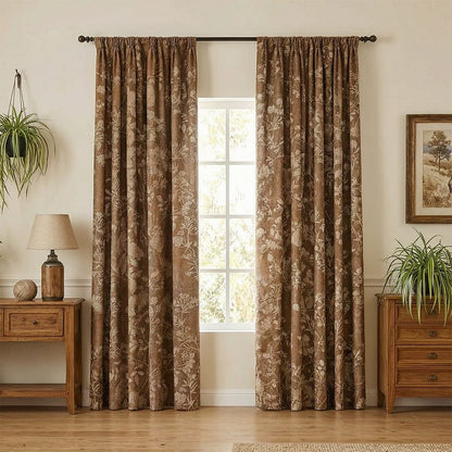 Warm Taupe French Country Antique Floral Pinch Pleat Curtain Panels