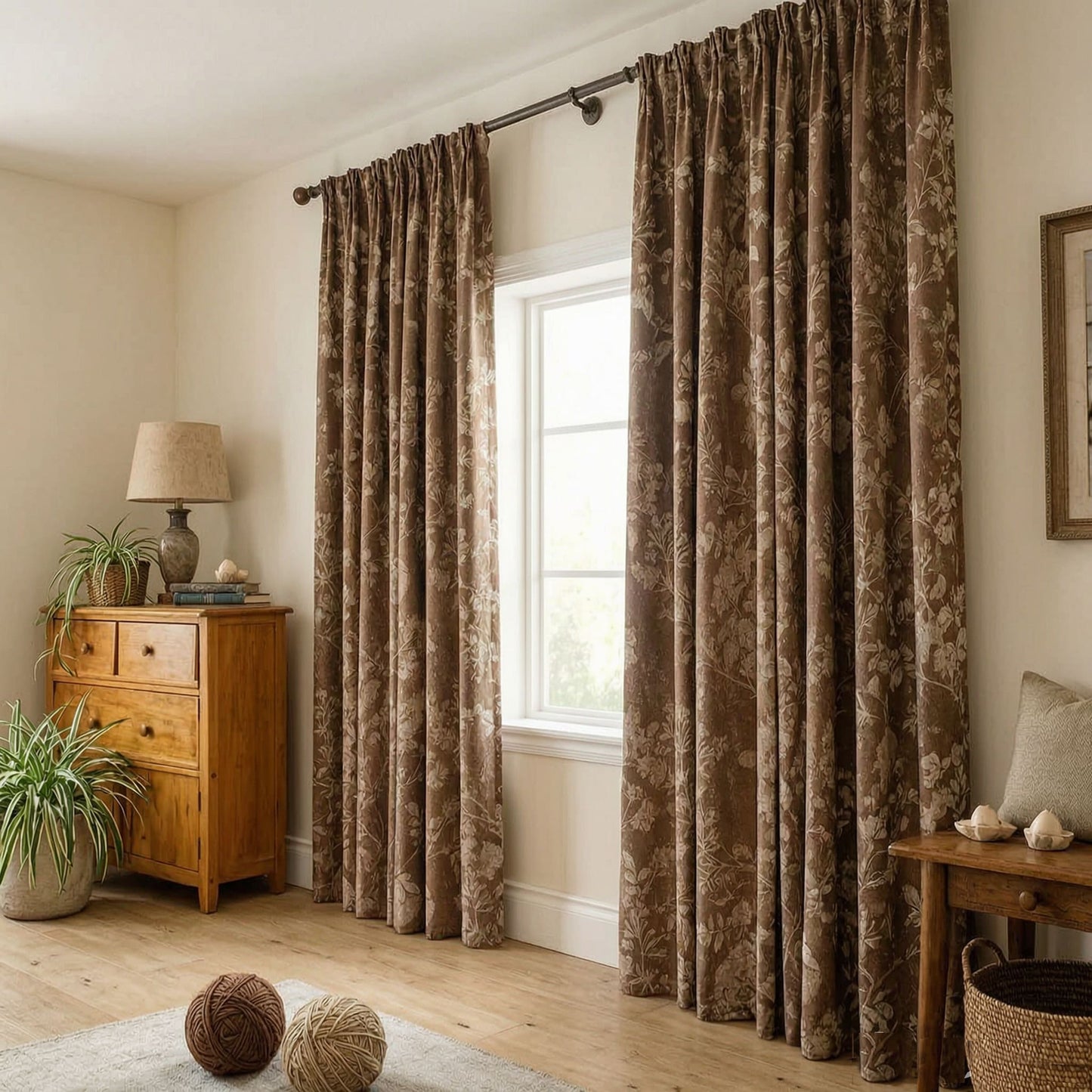 Warm Taupe French Country Antique Floral Pinch Pleat Curtain Panels